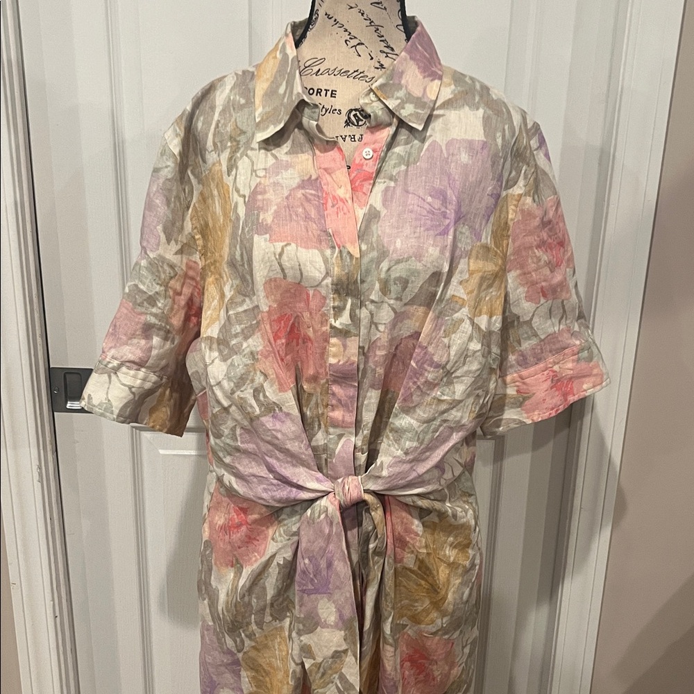 Lauren by Ralph Lauren, tie-front linen dress, cream and pink floral, size 14